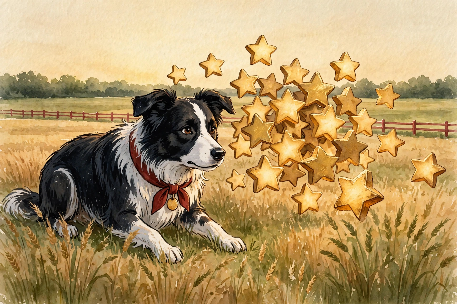 Shep the border collie herding a flock of gold stars across a golden wheat field